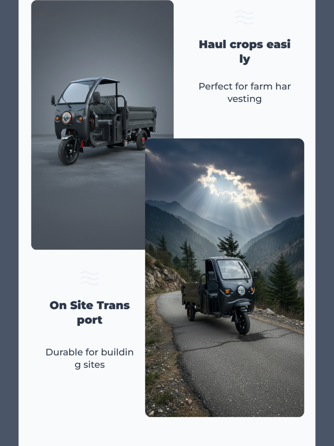 Our electric cargo trike is versatile and reliable, perfect for use in farming, construction, and logistics operations.