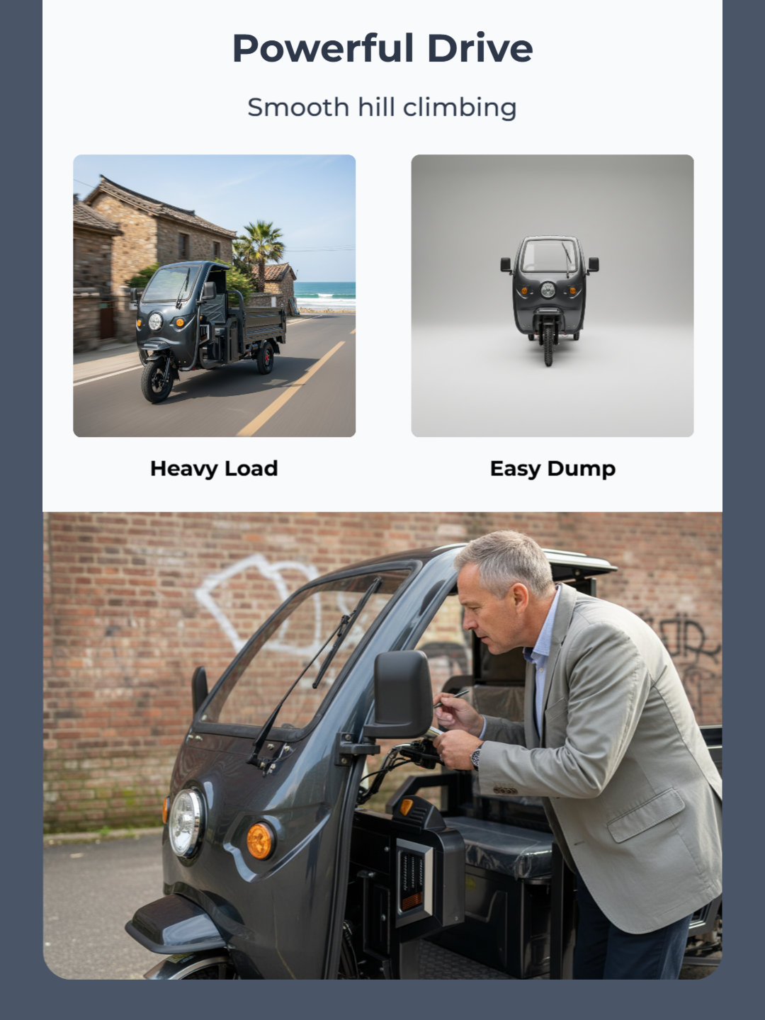 Customizable electric cargo trike, logo and cargo bed size options for branding