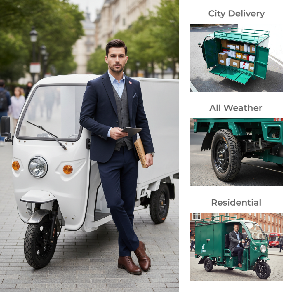 Our light-duty electric cargo tricycle in action, demonstrating efficient loading and unloading capabilities with customizable cargo box and 225KG load capacity. 
