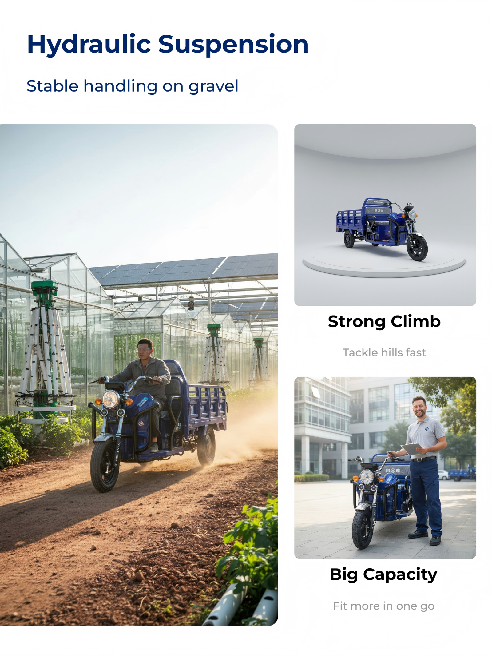 Ergonomic seating and spacious driving area on our heavy-duty electric cargo tricycle, providing comfort and support for long hours of industrial operation.