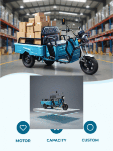 1500W heavy duty electric cargo tricycle front view with 1600x1100mm cargo box