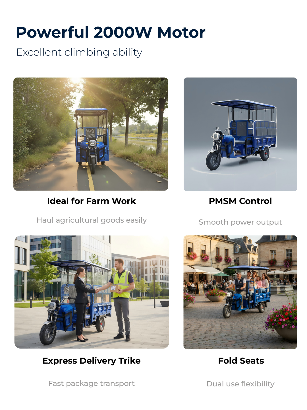 2000W Electric Cargo Passenger Tricycle Front View | EU CE Certified