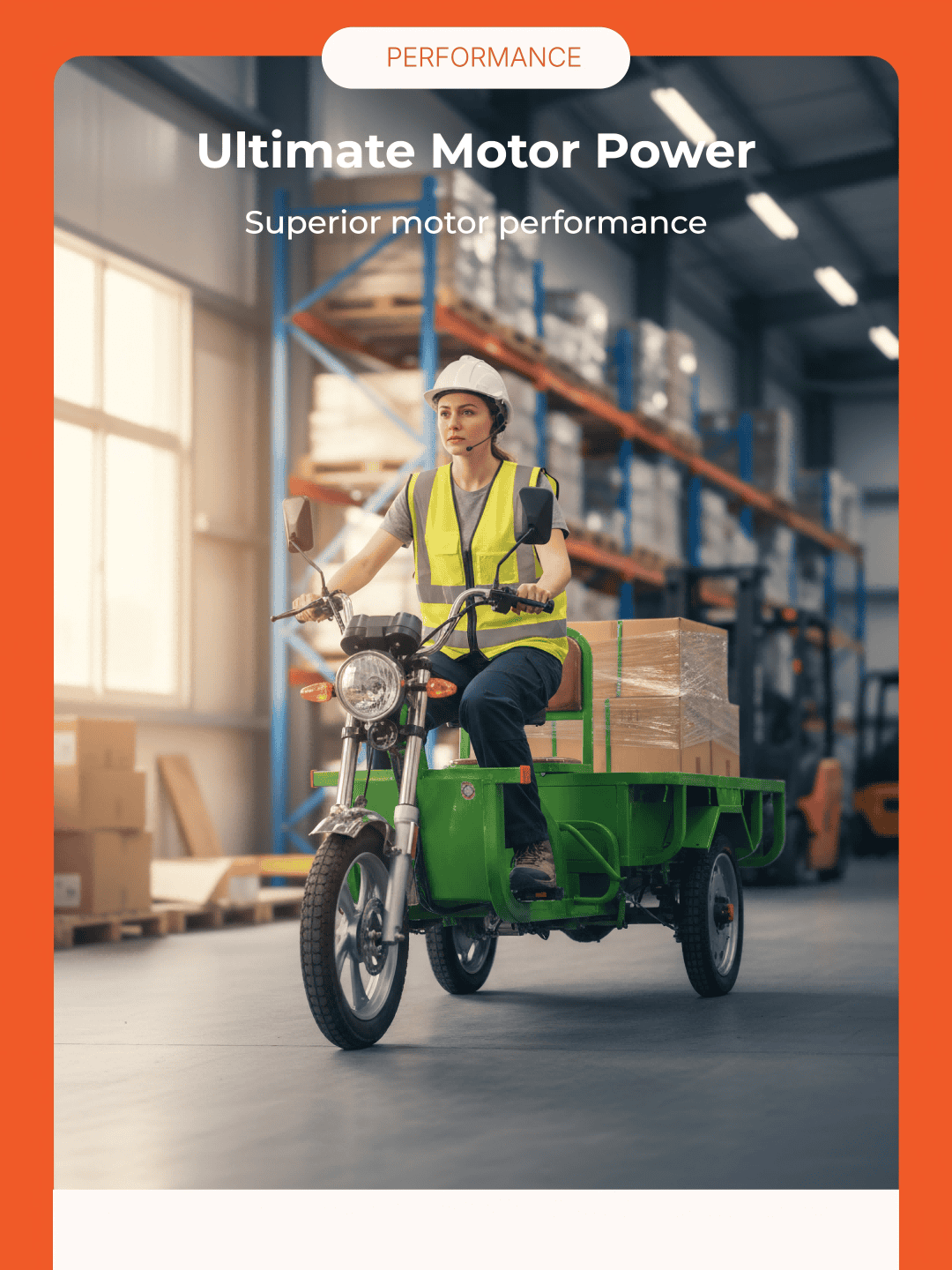 Heavy-duty brakes, protective guard rails, and bright warning lights ensure safe operation, even in busy industrial environments with heavy loads.