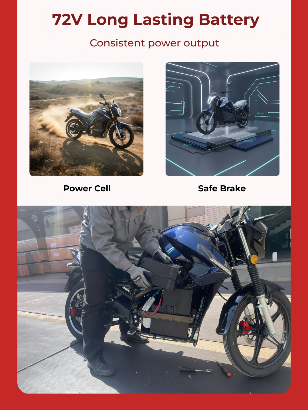 80km/h Max Speed & 90-95km Range Performance, Electric Motorcycle for Africa