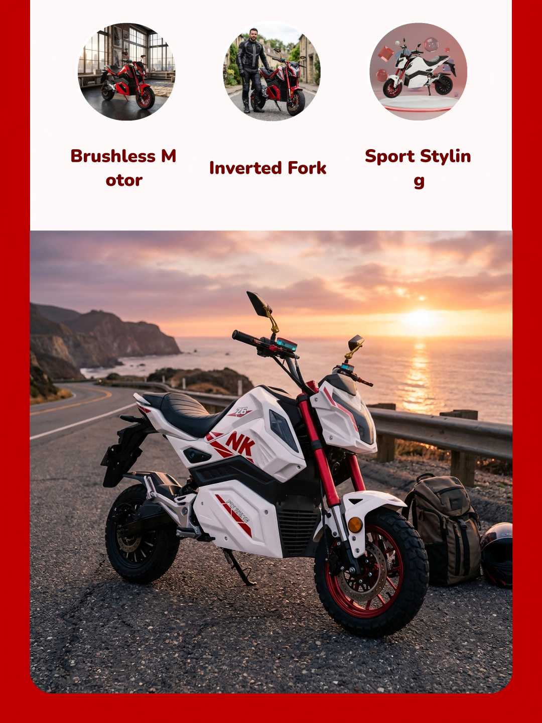 Red frame and suspension on the Z6 electric motorcycle, smooth ride